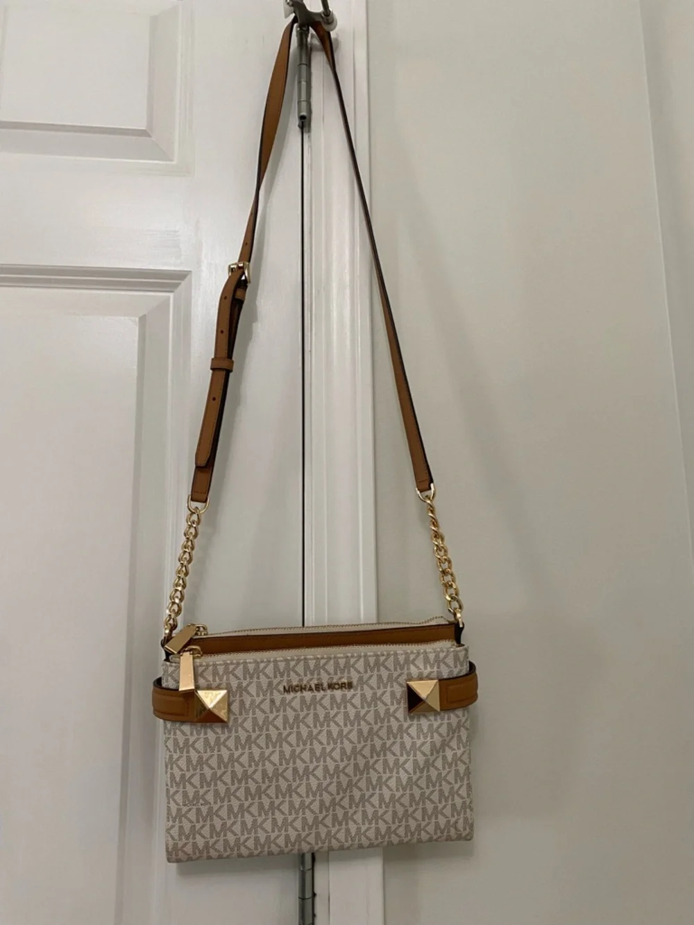 Michael Kors Cream Signature Crossbody with Brown Trim and Gold Accents